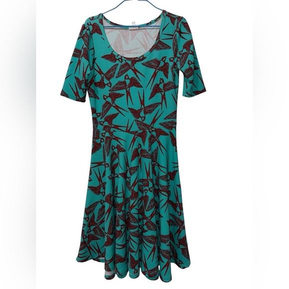LuLaRoe Nicole Turquoise Swallows Dress Size Medium - Picture 1 of 4